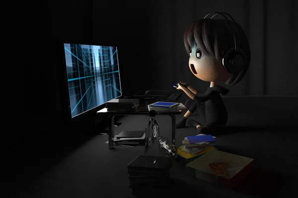 Person who is pale playing a game in dark room — Stock Photo, Image