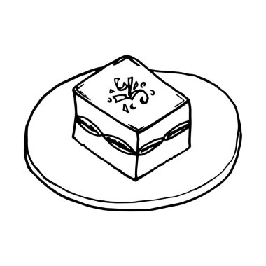 Tiramisu İtalyan geleneksel yemekleri. El çizimi taslak tarzı. Restoran menüsü ve paket tasarımı için beyaz arkaplanda vektör illüstrasyonu izole edildi, poster, web.