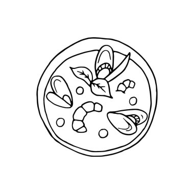 Vektör el çizilmiş bouillabaisse. Fransız mutfağı. Midyeler deniz ürünleri. Menü kafe, bistro, restoran, etiket ve paketleme için tasarım elemanı. Beyaz bir arkaplanda resim.