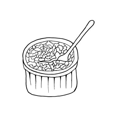 Vektör el creme brulee 'yi çekti. Fransız mutfağı tatlısı. Menü kafe, bistro, restoran, fırın, etiket ve paketleme için tasarım elemanı. Beyaz bir arkaplanda resim.