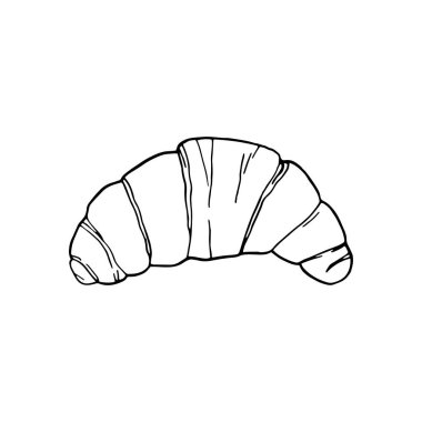 Vektör eli kruvasan çekti. Fransız mutfağı tatlısı. Menü kafe, bistro, restoran, fırın, etiket ve paketleme için tasarım elemanı. Beyaz bir arkaplanda resim.