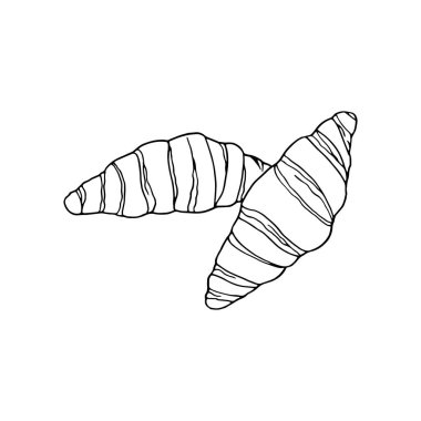 Vektör eli kruvasan çekti. Fransız mutfağı tatlısı. Menü kafe, bistro, restoran, fırın, etiket ve paketleme için tasarım elemanı. Beyaz bir arkaplanda resim.