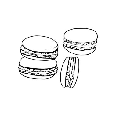 Vektör eli çizilmiş makarna. Fransız mutfağı tatlısı. Menü kafe, bistro, restoran, fırın, etiket ve paketleme için tasarım elemanı. Beyaz bir arkaplanda resim.