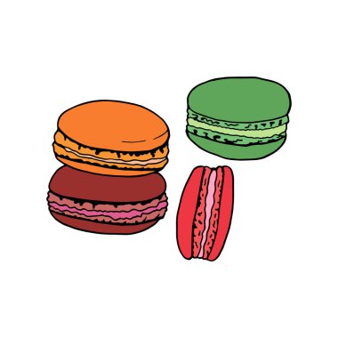 Vektör eli çizilmiş makarna. Fransız mutfağı tatlısı. Menü kafe, bistro, restoran, fırın, etiket ve paketleme için tasarım elemanı. Beyaz arkaplanda renkli bir illüstrasyon.