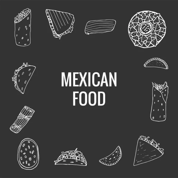 Meksika yemeğinin taşıyıcı eli. Meksika yemekleri, dürüm, quesadilla, börek, taco, tamale, nachos. Menü kafe, restoran, etiket ve paketleme için tasarım taslağı. Gri arkaplanda vektör illüstrasyonu.
