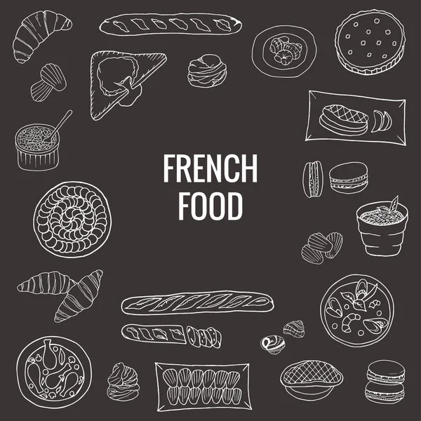 Векторна Рука Намальована Французької Їжі Ряд Класичних Французьких Страв Пекарні — стоковий вектор
