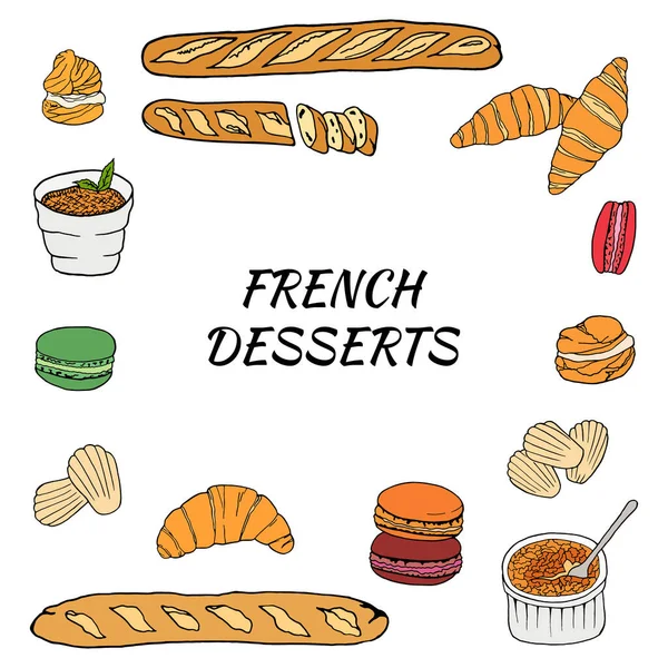 Vector Hand Getrokken Van Franse Desserts Gezet Met Croissant Macaron — Stockvector