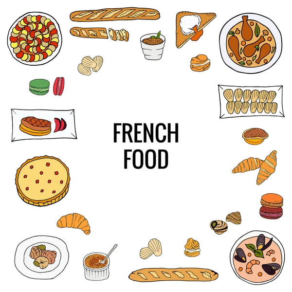 Vector Hand Getrokken Van Frans Voedsel Kleurrijke Set Franse Gerechten — Stockvector