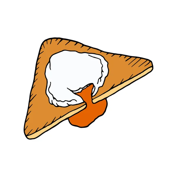 ベクトル手はトーストにポーチドエッグを描いた フランス料理 メニューカフェ ビストロ レストラン パン屋 ラベルとパッケージのためのデザインスケッチ要素 白を基調としたカラフルなイラスト — ストックベクタ