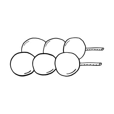 Vektör el çizilmiş bir çubuğa dango. Japon pirinç tatlısı. Menü kafe, restoran, etiket ve paketleme için tasarım elemanı. Beyaz bir arkaplanda resim.