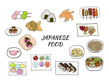 Vektör el çizimi Japon yemeği seti. Menü kafe, restoran, etiket ve paketleme için tasarım öğeleri. Beyaz arkaplanda renkli bir illüstrasyon.