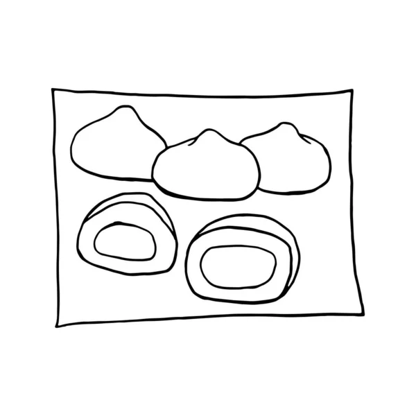 ベクトル手描きのドードル餅アイスクリーム 日本の米デザート メニューカフェ レストラン ラベル パッケージのためのデザインスケッチ要素 白地のイラスト — ストックベクタ