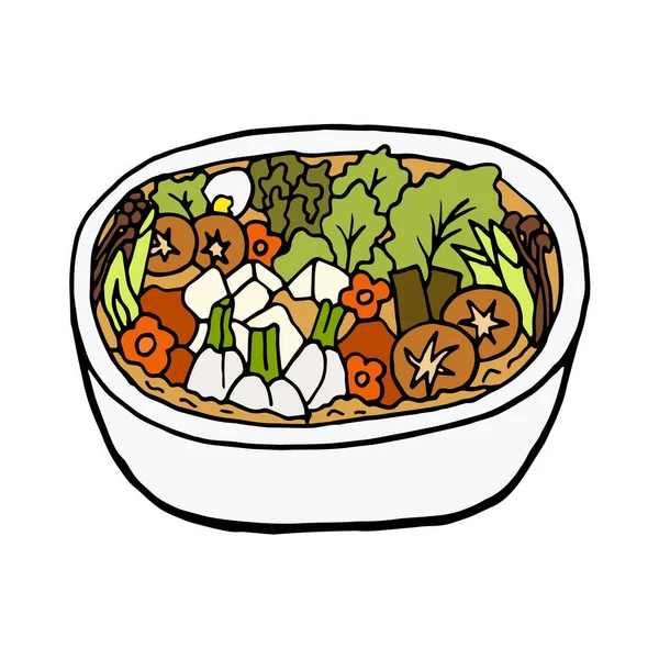 ベクトル手描きのドドル鍋 日本料理 メニューカフェ レストラン ラベル パッケージのためのデザインスケッチ要素 白を基調としたカラフルなイラスト — ストックベクタ