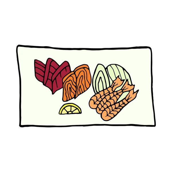 Sashimi Scarabocchiati Vettoriali Disegnati Mano Sul Piatto Piatto Cucina Giapponese — Vettoriale Stock