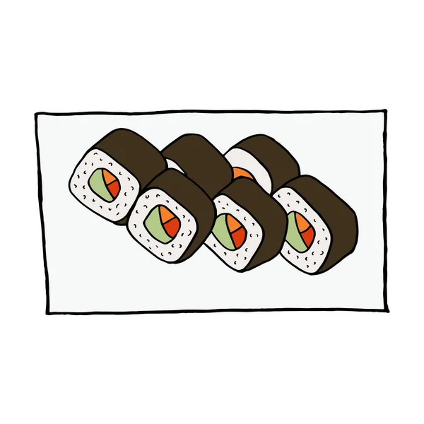 皿の上に手描きのベクトル寿司ロール 日本料理 メニューカフェ レストラン ラベル パッケージのためのデザインスケッチ要素 白を基調としたカラフルなイラスト — ストックベクタ