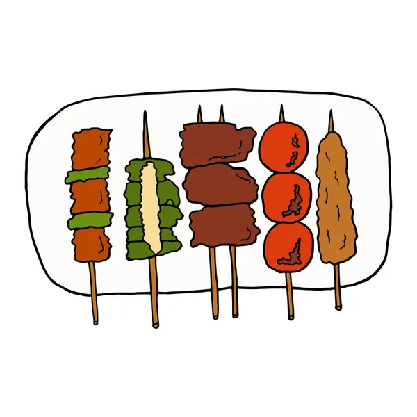 Векторна Рука Намалювала Doodle Yakitori Японський Барбекю Дизайн Ескізних Елементів — стоковий вектор