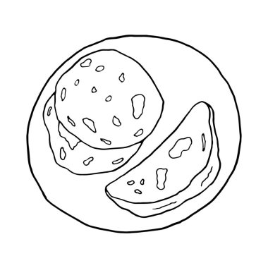 Vektör eli çizilmiş karalama naan. Hint mutfağı. Menü kafe, restoran, etiket ve paketleme için tasarım elemanı. Beyaz bir arkaplanda resim.