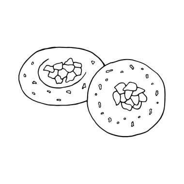 Vektör el çizimi rasmalai. Hint tatlısı. Menü kafe, restoran, etiket ve paketleme için tasarım elemanı. Beyaz bir arkaplanda resim.