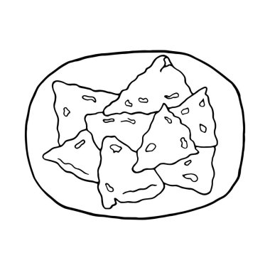 Vektör eli çizilmiş samosa. Hint mutfağı. Menü kafe, restoran, etiket ve paketleme için tasarım elemanı. Beyaz bir arkaplanda resim.