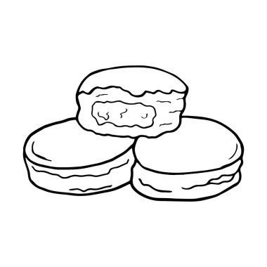 Vektör el çizimi Berliner kızartılmış hamur yemeği. Alman tatlısı. Menü kafe, restoran, etiket ve paketleme için tasarım elemanı. Beyaz bir arkaplanda resim.