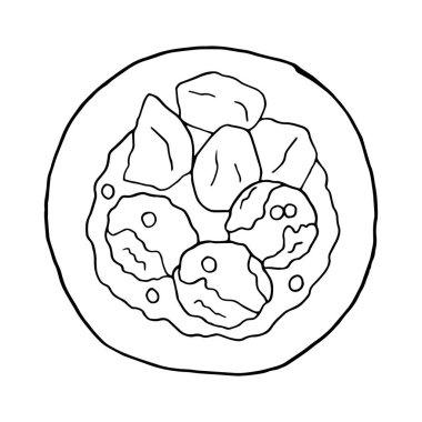 Vektör el çizimi Konigsberger Klopse. Kingsmountainer Taşakları. Alman mutfağı. Menü kafe, restoran, etiket ve paketleme için tasarım elemanı. Beyaz bir arkaplanda resim.