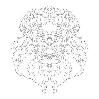 Bir aslanın el çizimi portresi. Dövme, logo, duvar dekorasyonu, tişört baskısı tasarımı veya giyimi için vektör stili çizim. Bu çizimi kumaş ya da tuval üzerinde yapmak güzel olurdu..