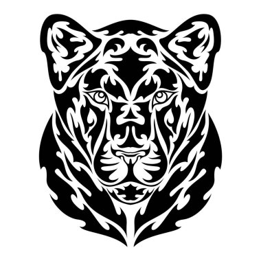 Bir dişi aslanın el çizimi portresi. Dövme, logo, duvar dekorasyonu, tişört baskısı tasarımı veya giyimi için vektör stili çizim. Bu çizimi kumaş ya da tuval üzerinde yapmak güzel olurdu..