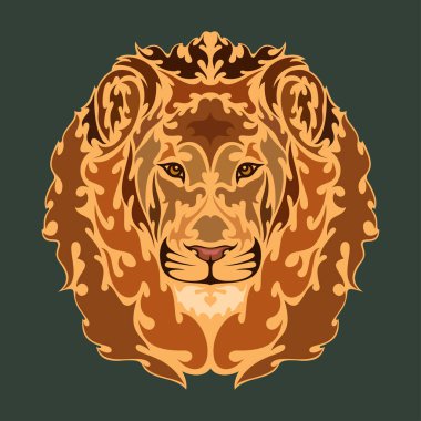 Bir aslanın el çizimi portresi. Dövme, logo, duvar dekorasyonu, tişört baskısı tasarımı ya da giysisi için renkli vektör çizimi. Bu çizimi kumaş üzerinde yapmak güzel olurdu, tuval..