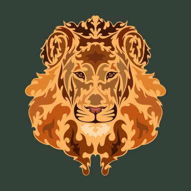 Bir aslanın el çizimi portresi. Dövme, logo, duvar dekorasyonu, tişört baskısı tasarımı ya da giysisi için renkli vektör çizimi. Bu çizimi kumaş üzerinde yapmak güzel olurdu, tuval..