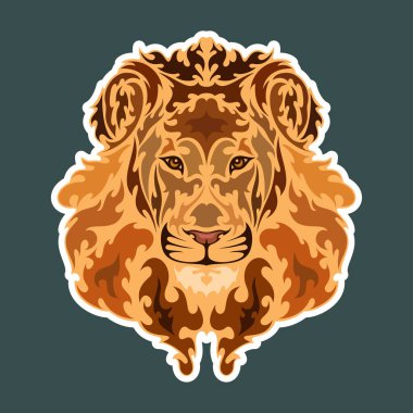 Bir aslanın el çizimi portresi. Çıkartma. Vektör biçimlendirilmiş renkli illüstrasyon koyu arkaplanda izole edildi.