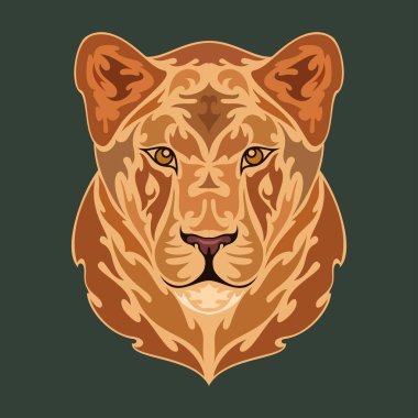 Bir dişi aslanın el çizimi portresi. Dövme, logo, duvar dekorasyonu, tişört baskısı tasarımı ya da giysisi için renkli vektör çizimi. Bu çizimi kumaş üzerinde yapmak güzel olurdu, tuval..