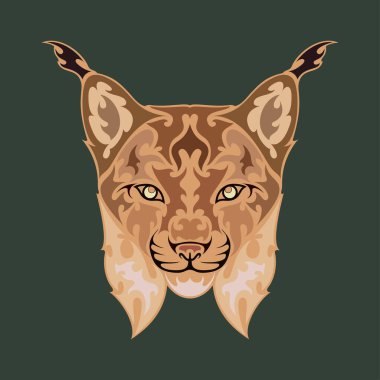 Bir vaşağın el çizimi portresi. Dövme, logo, duvar dekorasyonu, tişört baskısı tasarımı ya da giysisi için renkli vektör çizimi. Bu çizimi kumaş üzerinde yapmak güzel olurdu, tuval..