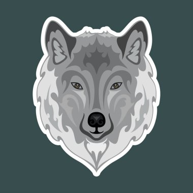 Bir kurdun el çizimi portresi. Çıkartma. Vektör biçimlendirilmiş renkli illüstrasyon koyu arkaplanda izole edildi.