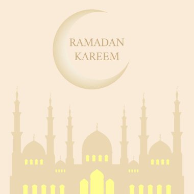 Müslümanların kutsal Ramazan Kareem bayramı. Davetiye kartı, afiş, poster, şablon için hilal ve cami kubbesi silüeti olan vektör selamlama tasarımı. Set Sail Şampanya arka planında renkli illüstrasyon. 