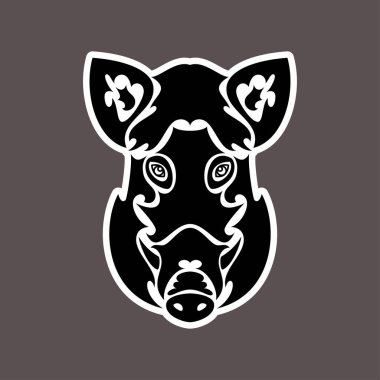 Bir domuzun el çizimi soyut portresi. Çıkartma. Vektör biçimlendirmesi koyu arkaplanda izole edildi.