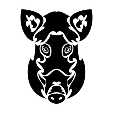 Dövme, logo, duvar dekorasyonu, tişört dekoru ya da giysi için el yapımı bir yaban domuzu portresi. Beyaz arkaplanda vektör biçimlendirilmiş illüstrasyon.