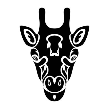 Dövme, logo, duvar dekorasyonu, tişört baskısı tasarımı veya giyimi için bir zürafanın el çizimi portresi. Beyaz arkaplanda vektör biçimlendirilmiş illüstrasyon.