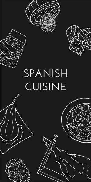 전통적 스페인 요리와 디저트가 손으로 포스터 포장을 스케치 요소를 디자인하 — 스톡 벡터