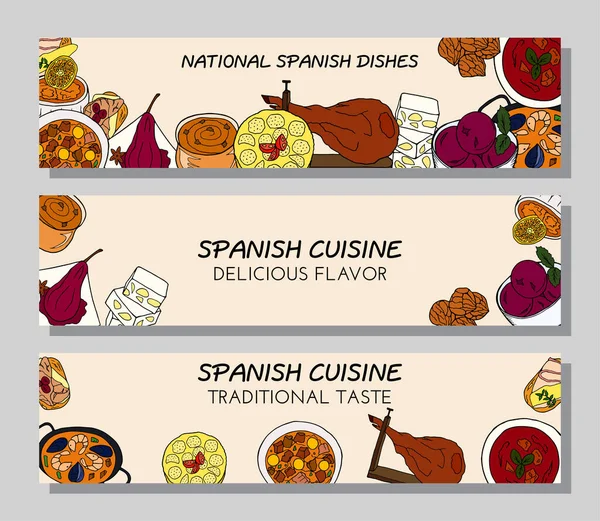 Hand Drawn Poster Set Traditional Spanish Cuisine Dish Desserts Design — 스톡 벡터