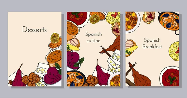 Hand Drawn Poster Set Traditional Spanish Cuisine Dish Desserts Design — 스톡 벡터