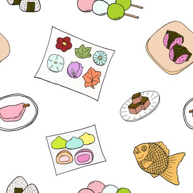 Japon mutfağı pürüzsüz desen. Menü kafe, bistro, restoran, fırın, paketleme ve diğer şeyler için tasarım öğesi. Vektör illüstrasyonu.