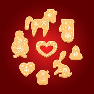 Zencefilli kurabiye seti. Dekoratif Noel bisküvileri. Vektör illüstrasyonu.