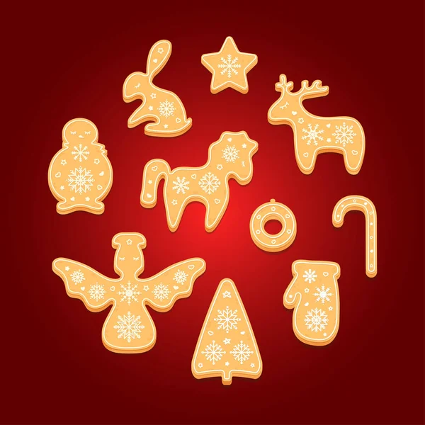 Ensemble Biscuits Pain Épice Biscuits Noël Décoratifs Illustration Vectorielle — Image vectorielle