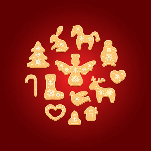 Ensemble Biscuits Pain Épice Biscuits Noël Décoratifs Illustration Vectorielle — Image vectorielle