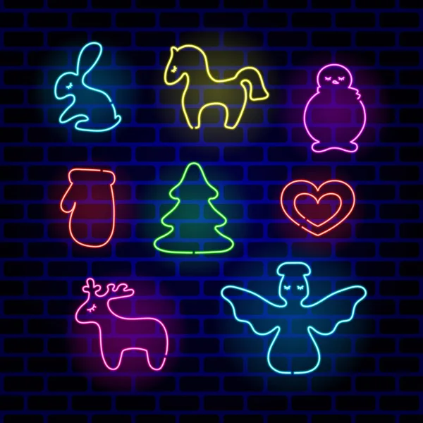 Bir set neon Noel süsü. Dekoratif Noel oyuncağı parlak tabela, hafif pankart. Vektör illüstrasyonu.
