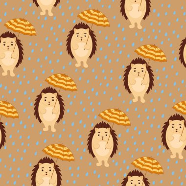 Şemsiyesiz desenli şirin kirpi. Tekstil için tasarım öğesi, giysi için parmak izi. Vektör renkli illüstrasyon.