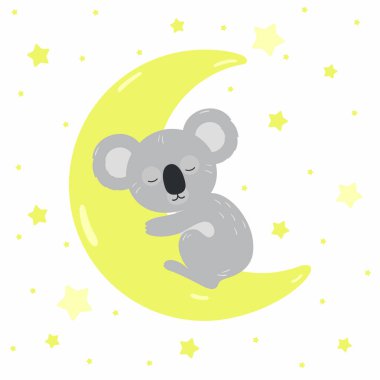 Ay 'da uyuyan sevimli Koala, beyaz arka planda yıldızlar..