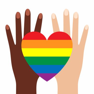 Farklı ten rengine sahip eller ve lgbt 'nin kalp sembolü. . 