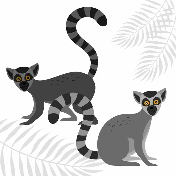 Une Affiche Avec Les Lémuriens Les Silhouettes Des Feuilles Palmiers — Image vectorielle