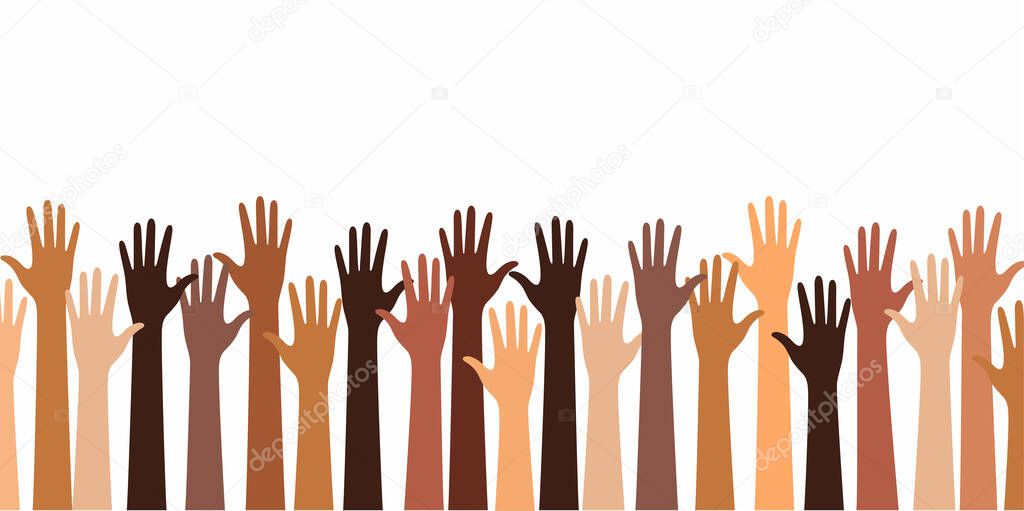 Hands with different skin colors raised up-a protest against racism. 